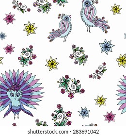 Magic Garden with Birds Seamless Pattern