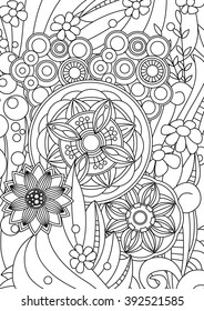 The magic garden. Black and white floral ornament.  Coloring for relaxation.   Vector illustration