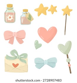 Clipart de jardim mágico com garrafas de poção, envelopes, varinhas mágicas e estrelas.