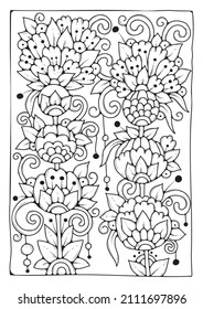 Magic garden coloring page. Black and white background for coloring. Art therapy for children and adults. Art line vector illustration.