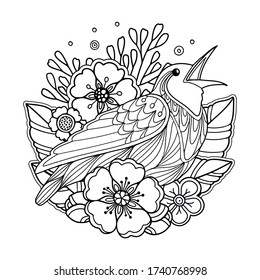 Magic garden composition in doodle style. Floral, ornate, decorative, nature design elements. Black and white background. Bird, flowers and leaves. Zentangle coloring book page