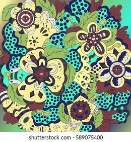 Magic garden. Flowers and Worms. Illustration drawn by hand, bright, saturated.