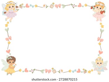 Quadro mágico do jardim com garrafas da poção, envelope, estrelas e corações no fundo branco.