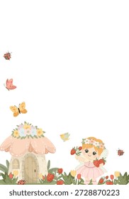 Magic garden frame with potion bottles, envelope, stars and hearts on white background.