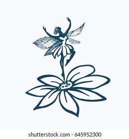 Magic garden girl elf with butterfly wings over flowers. fairy flying vector. Eps-8