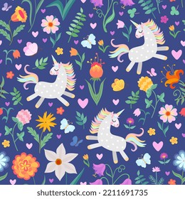 Magic garden with unicorns, butterflies and flowers. Fairytale seamless pattern. Vector illustration.