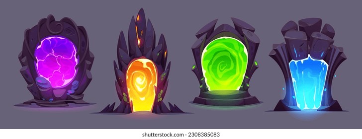 Magic gate portal door ui futuristic game cartoon set. Green and blue teleport frame to fantastic parallel world. Wizard mysterious glowing entrance to travel through purple or yellow gateway hole