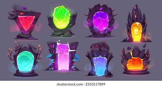 Magic gate portal door ui futuristic game cartoon set. Green and blue teleport frame to fantastic parallel world. Wizard mysterious glowing entrance to travel through purple or pink gateway hole