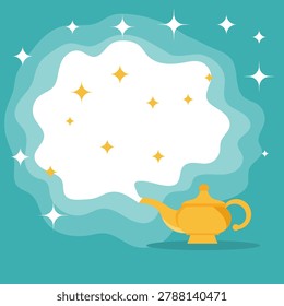 Magic genie lamp vector illustration with blue smoke cloud copy space and shiny stars