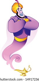 Magic genie at your service. A genie appears, ready to grant you three wishes! Magic lamp.