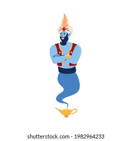Magic genie at your service flying out gold lamp, flat vector illustration isolated on white background. Fairy tale arabian genie ready to grant wishes.