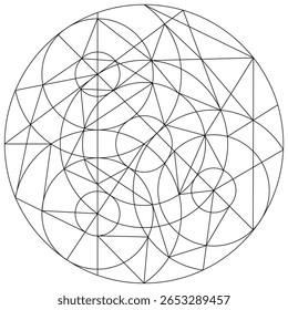 Magic geometry abstract sign. Sacred spiritual symbol. Witchcraft scheme. Intersecting circle background. Mystic mandala. Vector