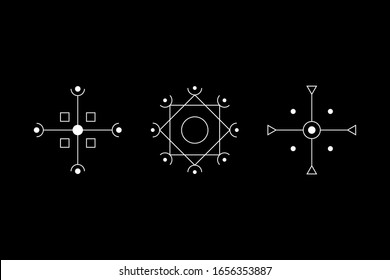 Magic geometry cruciform white symbol set. Circle, square, rhombus with inscribed figures. UFO signs. Design symbols for puzzle, logic, metroidvania games. Vector stock illustration.