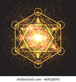 Magic geometry sign. Abstract sacred geometry. Religion, spirituality, occultism. Alchemy mystical symbol on space background. Vector design illustration.