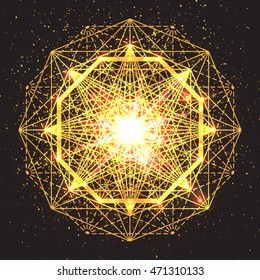 Magic geometry sign. Abstract sacred geometry. Religion, spirituality, occultism. Alchemy mystical symbol on space background. Vector design illustration.