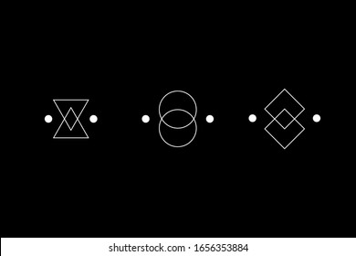 Magic geometry simple white symbol set. Circle, square, rhombus figures. UFO signs. Design symbols for puzzle, logic, metroidvania games. Vector stock illustration.