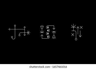 Magic geometry white symbol set. Magic letters, hieroglyphs, secret ancient inscriptions. Vector stock illustration.