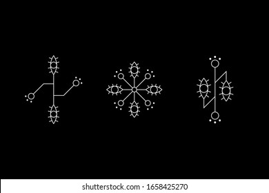 Magic geometry white symbol set. Eye signs. Ancient secret  inscriptions. UFO signs. Cave drawings. Design symbols for puzzle, logic, metroidvania and indie games. Vector stock illustration.
