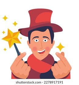 Magische Geste. Der Zauberer in der oberen Hut macht eine Geste mit seinen Fingern. Das sonnige Gesicht, der Zauberer zeigt Fokus. Flaches Vektorgrafik-Design. Einzeln auf weißem Hintergrund.