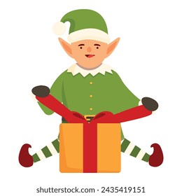 Magic gift box icon cartoon vector. Dwarf make decoration. Cute smiling elf