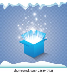 Magic gift box on a blue background, snow and icicles, magic for Christmas and New Year, birthday, illustration, gift, postcard, congratulation, vector graphics.