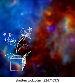 Magic gift box on blurred glowing background. Gift box and stars coming out of it. Vector illustration. Elements of this image furnished by NASA. 