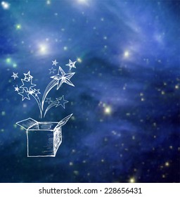 Magic gift box on blurred glowing background. Gift box and stars coming out of it. Vector illustration. Elements of this image furnished by NASA. 