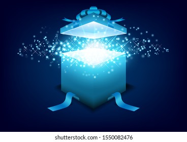 Magic gift box open with bright particle. Opened 3d realistic gift box, sky blue bow with shining light and stars.