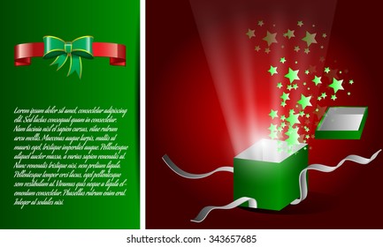 Magic gift box is opening stars splashing out with shining light effect, ribbon banner