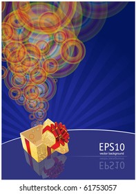 Magic gift box with red ribbon and golden stars. Vector.