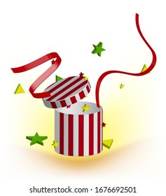 magic gift box with surprises and sweets, red ribbons illustration on white background