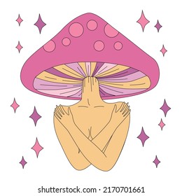 Magic girl with mushroom head. Psychedelic hallucination. Vibrant vector illustration. 70s hippie colorful art for t-shirt or sticker.