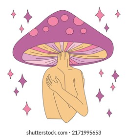 Magic girl with mushroom head. Psychedelic hallucination. Vibrant vector illustration. 70s hippie colorful art for t-shirt or sticker.