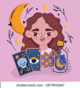 magic girl with tarot card mystic fortune teller cartoon vector illustration
