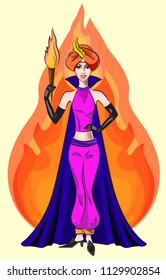 a magic girl in a turban and with a torch, an assistant magician in oriental costume