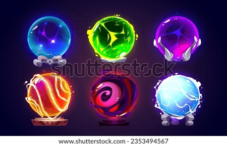 Magic glass ball with fortune prediction power. Glowing magician or witch sphere with neon plasma on stand - cartoon vector illustration set. Wizard spiritual orb for witchcraft and prophecy.