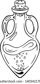 Magic glass bottle with liquid, line art, vector illustration isolated on white. Sketch style. Esoteric symbol, halloween or pagan witchcraft theme. Vintage style, tattoo concept. Flask, magic potion