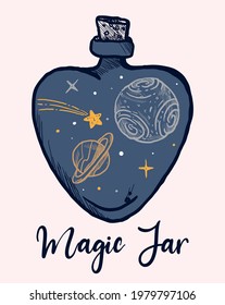 Magic glass jar, planets, saturn and stars. Space doodle vector illustration like magic