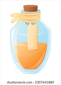 Magic glass jar or vial with cork lid and strings, with orange oil or liquid. Vector cartoon isolated flask with a potion.