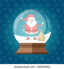Magic glass snow globe with cute and  happy Santa Claus with bag inside. Christmas winter snowglobe gift on seamless snowflakes pattern vector illustration