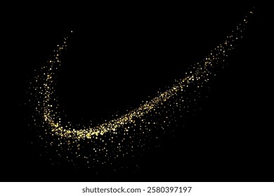 Magic glitter wave of golden shining particles of varying sizes isolated on black background. Swirl of gold sparkling magical dust particles. Festive luxury vector illustration.