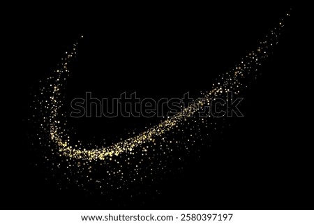 Magic glitter wave of golden shining particles of varying sizes isolated on black background. Swirl of gold sparkling magical dust particles. Festive luxury vector illustration.
