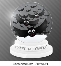 Magic globe with flying bats. Halloween design. Vector illustration.