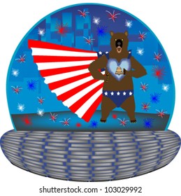 Magic globe with a super hero grizzly wearing a flag cape and a liberty bell emblem