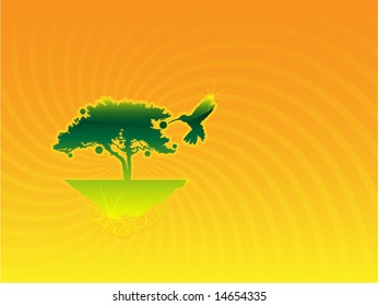 Magic glossy fantasy orange design with a flying tree and a bird
