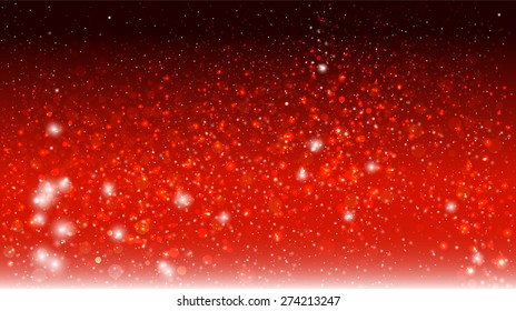 Magic glow and bokeh on a red background. Christmas background with falling snow