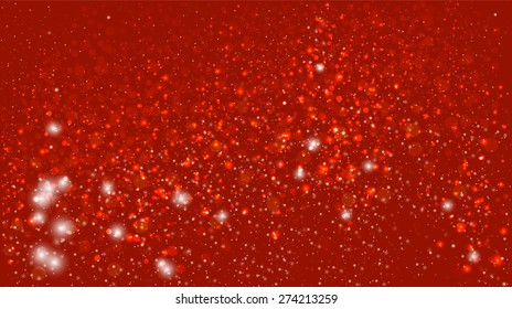 Magic glow and bokeh on a red background. Christmas background with falling snow