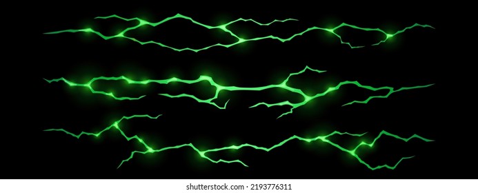 Magic glow in ground cracks, green glowing texture in cracking holes or ruined land surface. Destruction, shining lava in split, damage fissure effect after disaster, Realistic 3d vector isolated