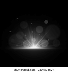 Magic glow sparkling texture. Magical star dust sparks in explosion on black background. Bokeh effect. Fast motion effect. Star burst with sparkles. Vector magic white rays glow light effect.