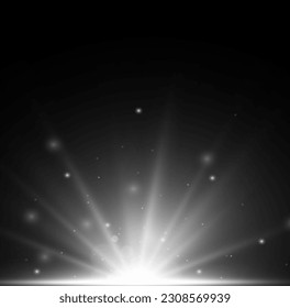 Magic glow sparkling texture. Magical star dust sparks in explosion on black background. Bokeh effect. Fast motion effect. Star burst with sparkles. Vector magic white rays glow light effect.